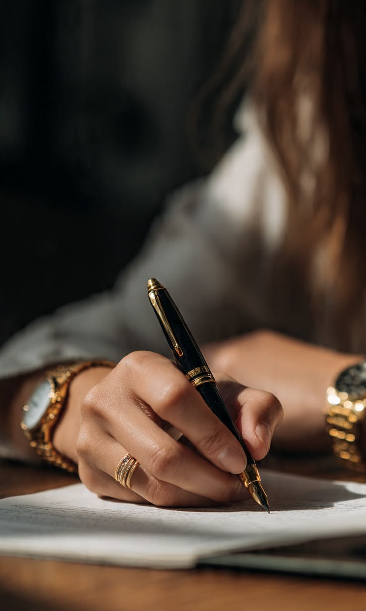 Hand met een zwarte vulpen die op papier schrijft
