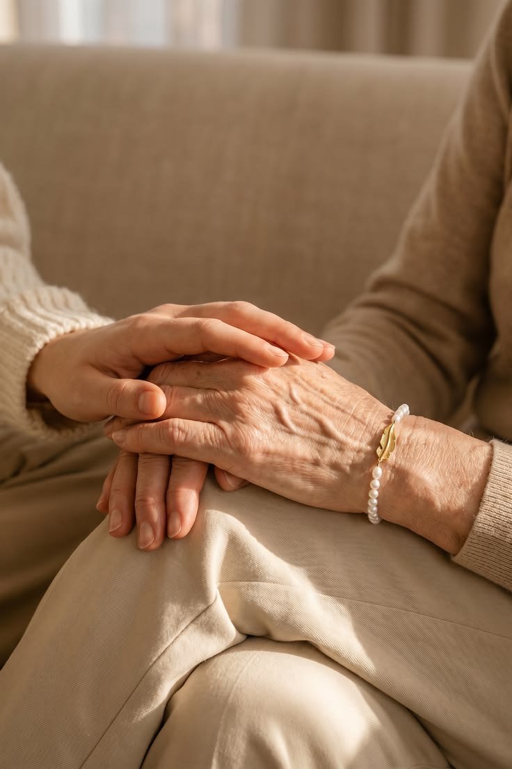 Hand van een jongere persoon rust op de hand van een oudere vrouw
