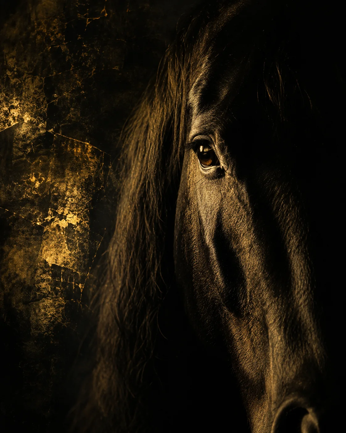 Close-up van het oog van een zwart paard in warm goudlicht