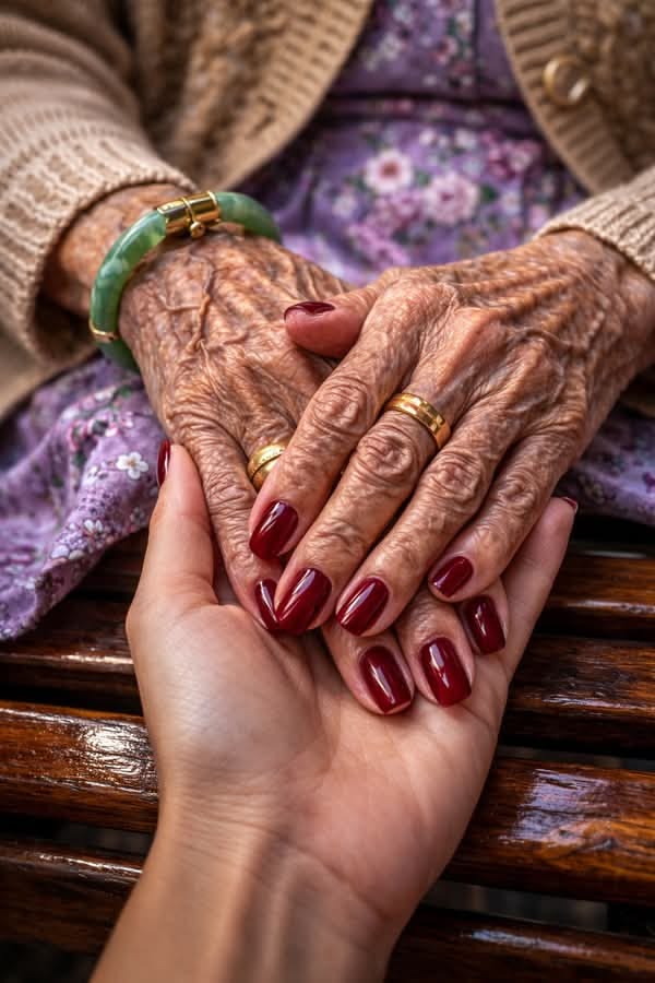 Een jongere hand houdt zachtjes de handen van een oudere vrouw vast