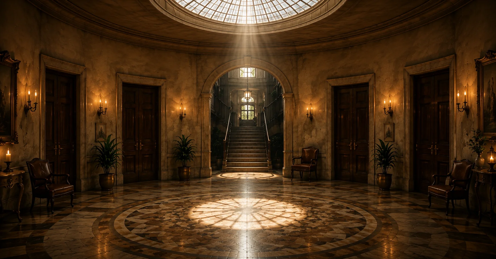 Ronde hal van een oud herenhuis met een glazen lichtkoepel waardoor warm daglicht naar beneden valt