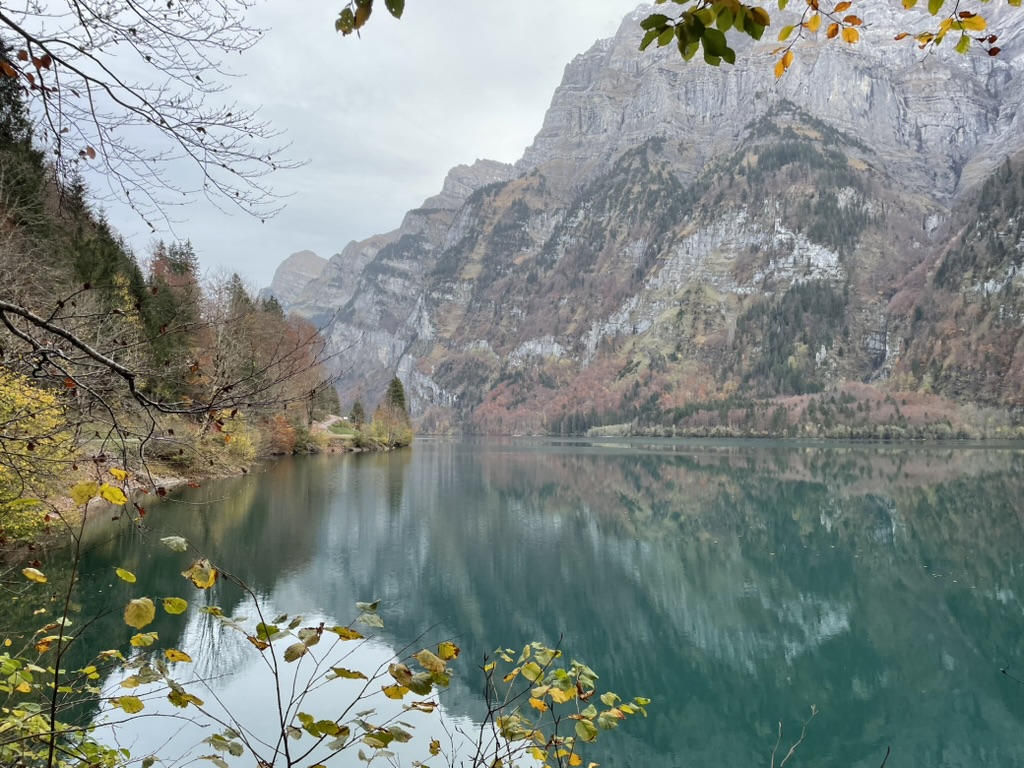 Stil bergmeer met spiegelend water en herfstbladeren