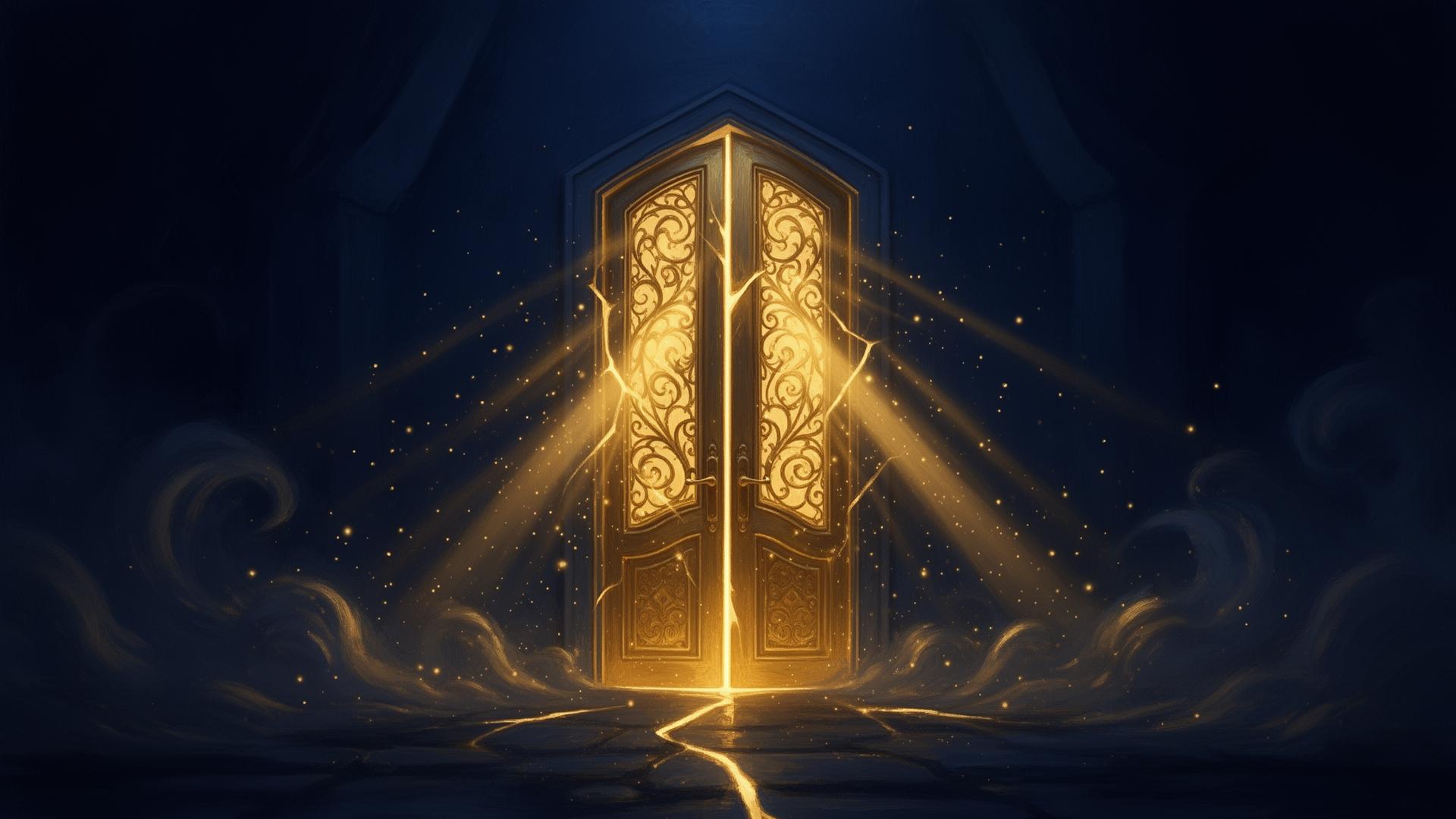 Een gouden, gloeiende deur in een donkere ruimte, symbool voor de poort naar je innerlijk huis
